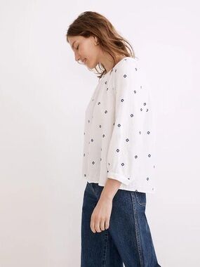 Madewell White Eyelet Blouse with Navy Dot Embroidery